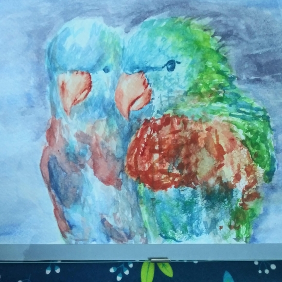Parrots Original Watercolor Painting Wall Art Love Birds Handmade Artisan - Picture 5 of 10